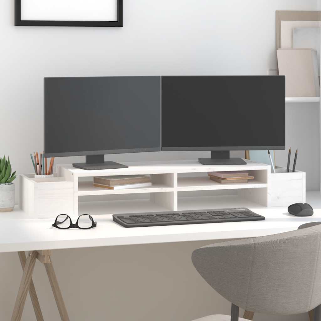 vidaXL Podstawka na monitor, biała, 100x27,5x15cm, lite drewno sosnowe