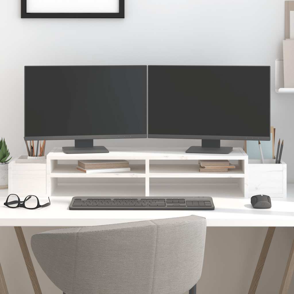 vidaXL Podstawka na monitor, biała, 100x27,5x15cm, lite drewno sosnowe
