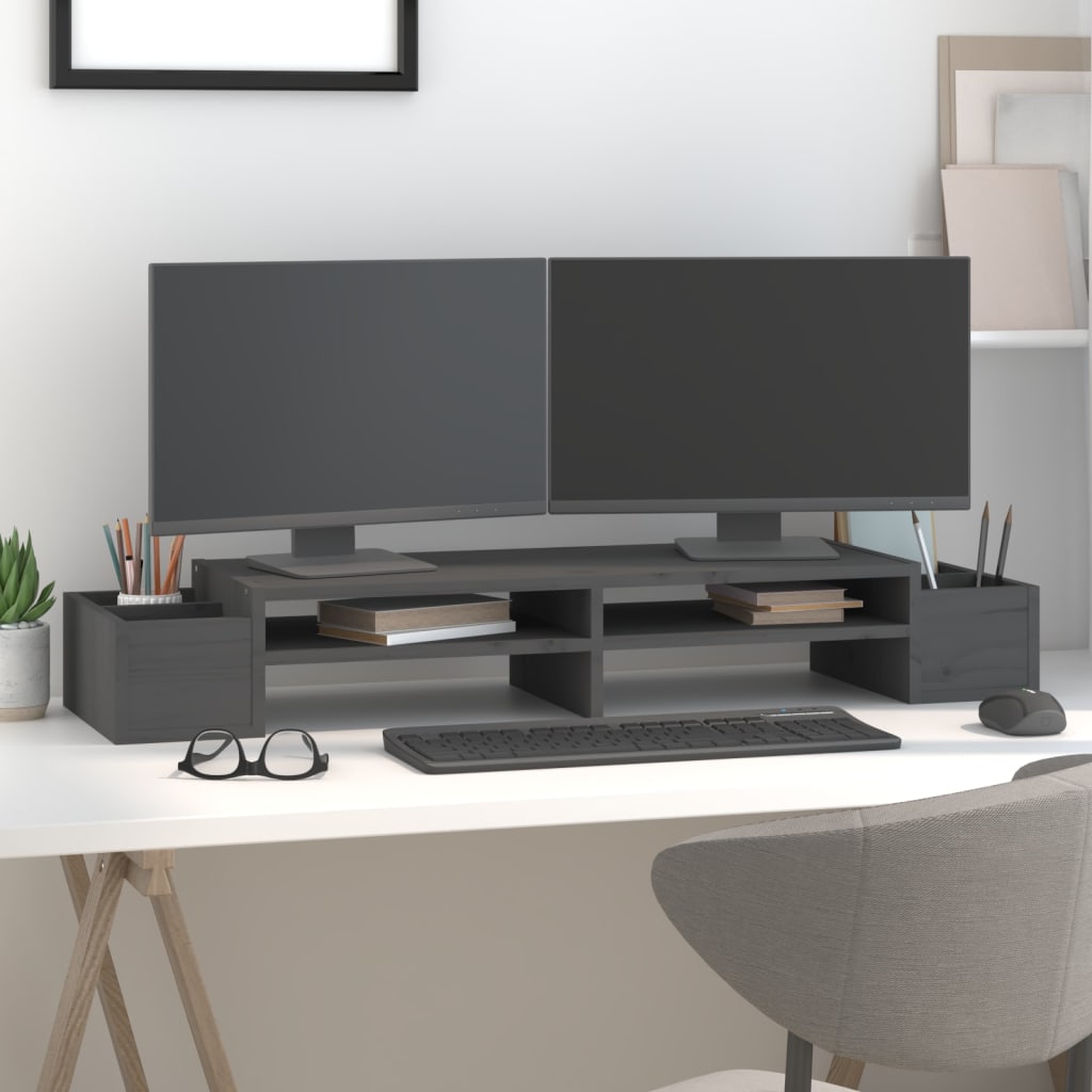 vidaXL Podstawka na monitor, szara, 100x27,5x15cm, lite drewno sosnowe
