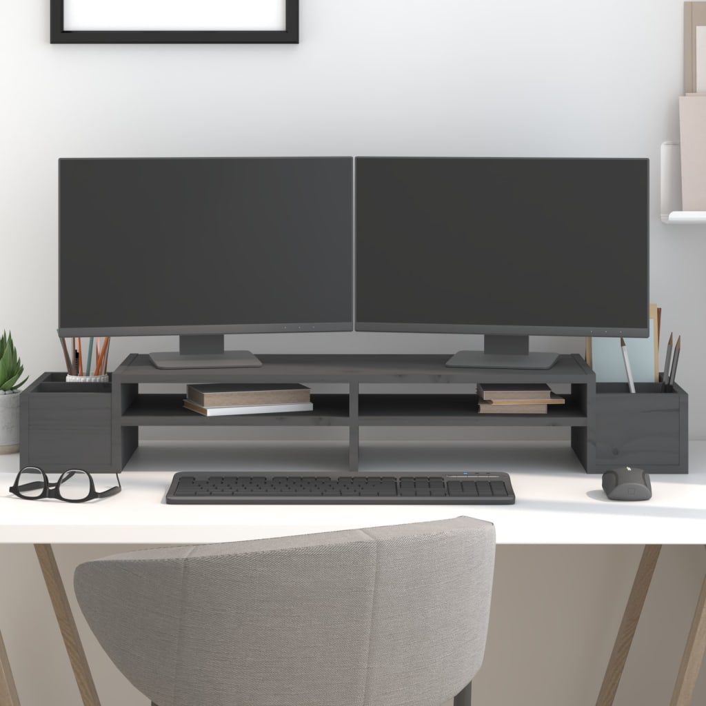 vidaXL Podstawka na monitor, szara, 100x27,5x15cm, lite drewno sosnowe