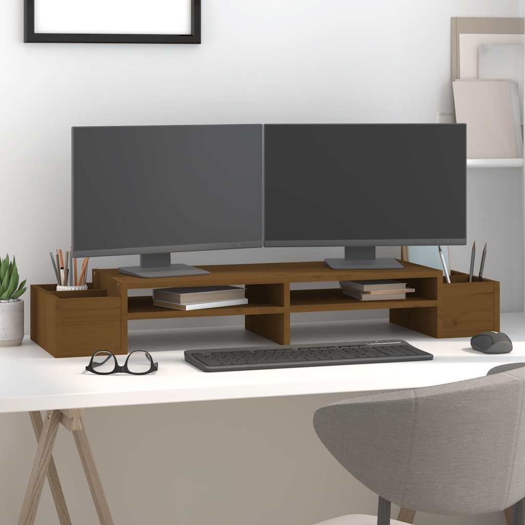 vidaXL Podstawka na monitor, miodowy brąz, 100x27,5x15 cm, lita sosna