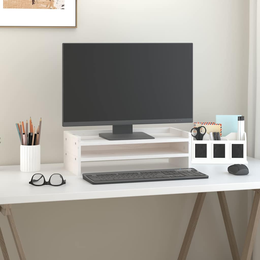 vidaXL Podstawka na monitor, biała, 50x24x16 cm, lite drewno sosnowe