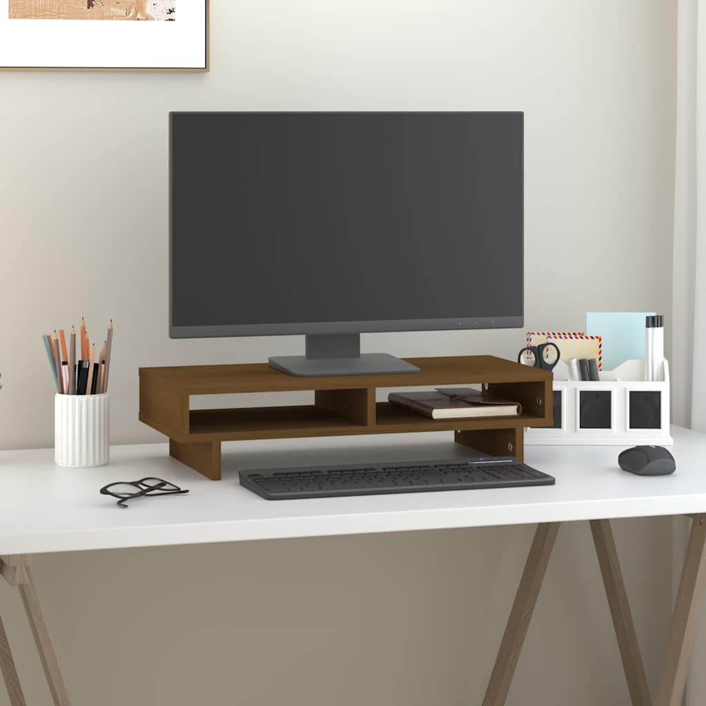 vidaXL Podstawka na monitor, miodowy brąz, 60x27x14 cm, lita sosna