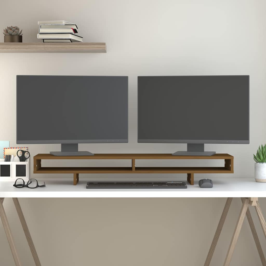 vidaXL Podstawka na monitor, miodowy brąz, 100x27x14 cm, lita sosna