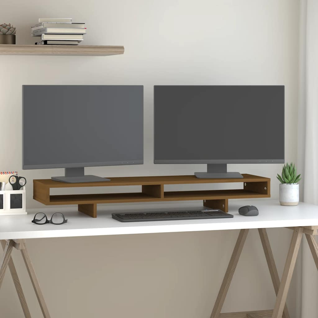 vidaXL Podstawka na monitor, miodowy brąz, 100x27x14 cm, lita sosna