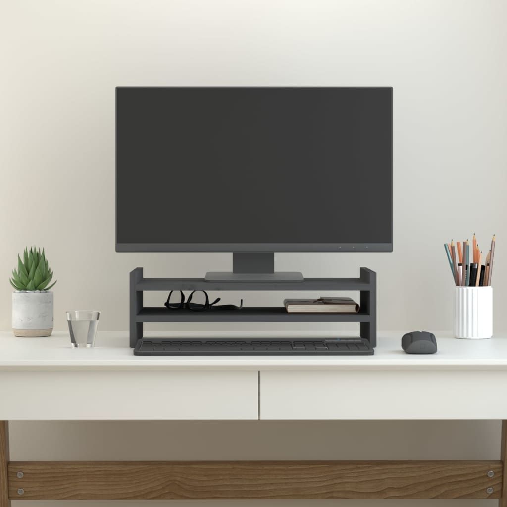 vidaXL Podstawka na monitor, szara, 50x27x15 cm, lite drewno sosnowe