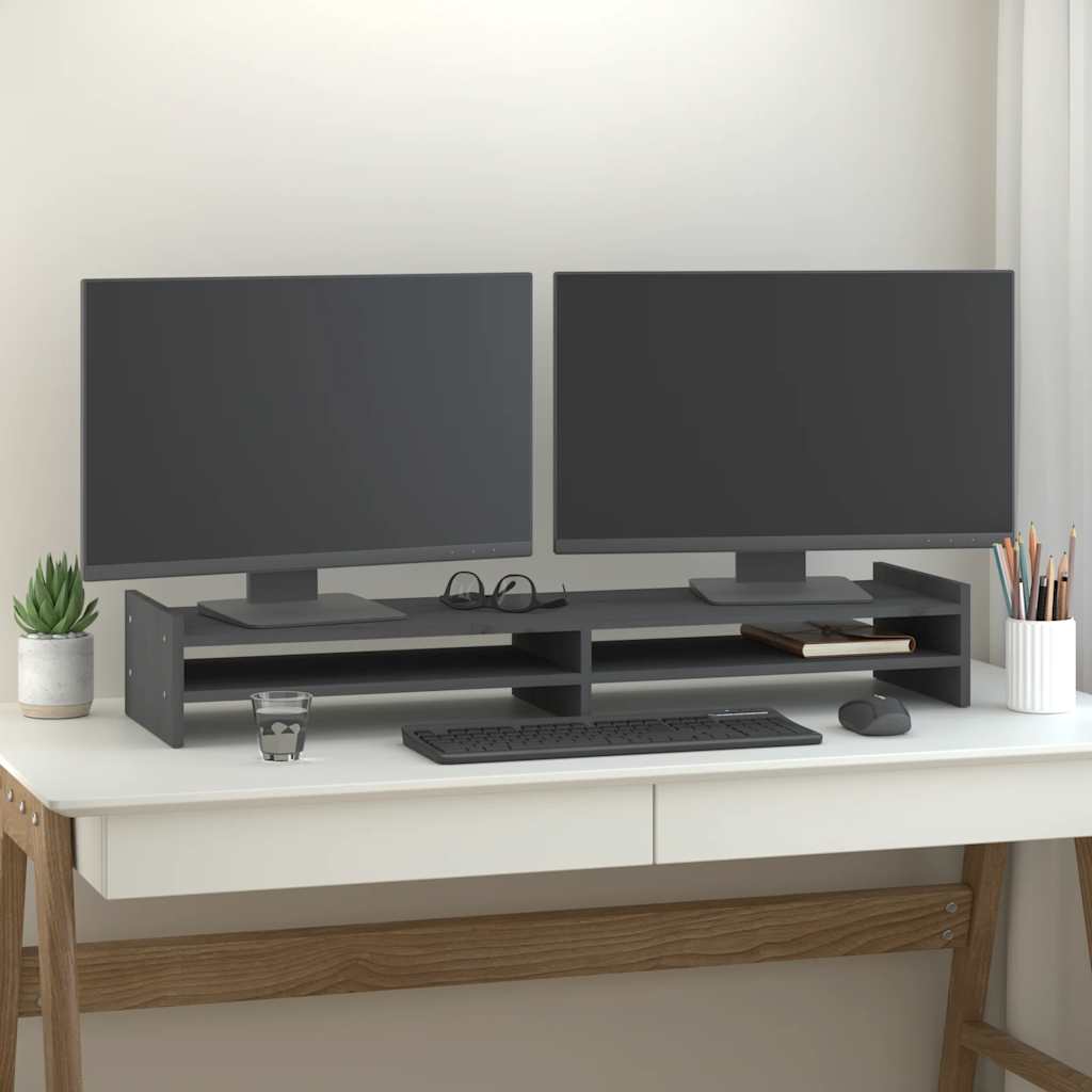 vidaXL Podstawka na monitor, szara, 100x27x15 cm, lite drewno sosnowe