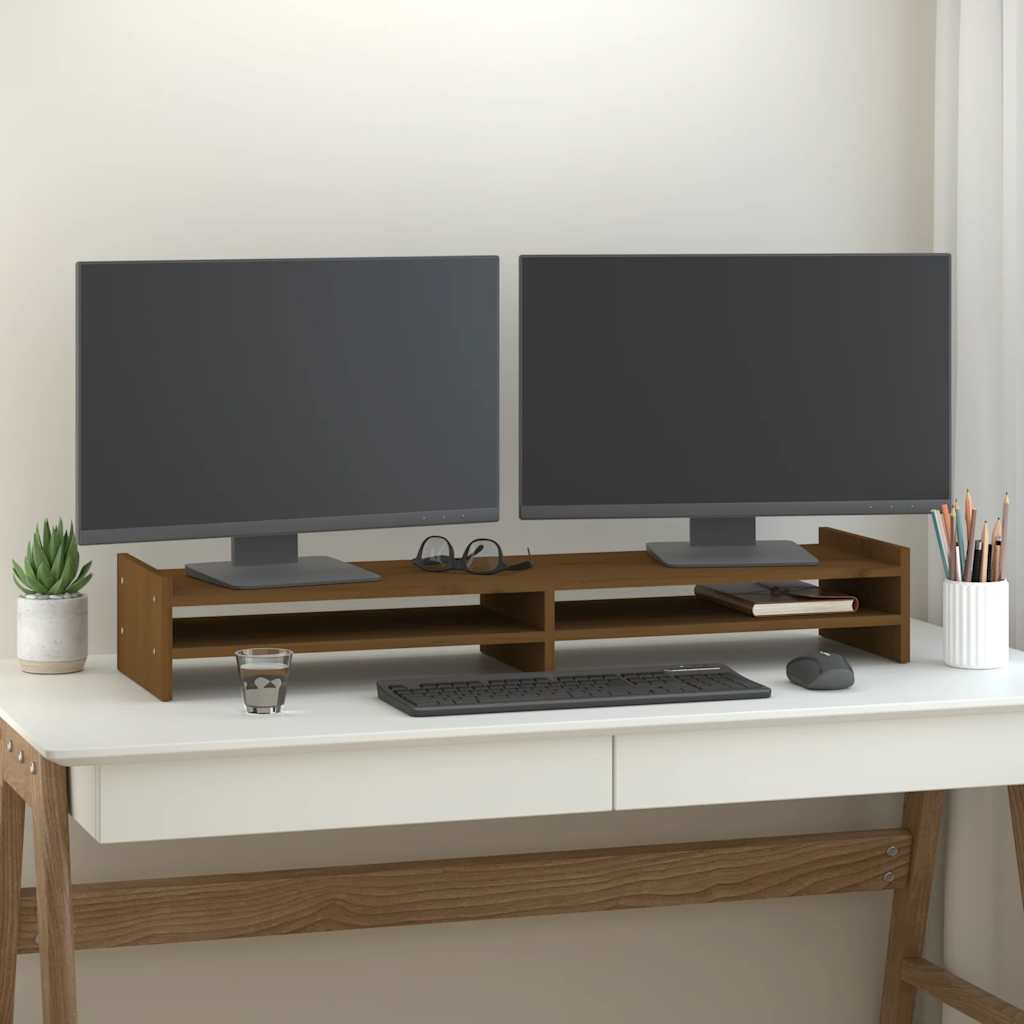 vidaXL Podstawka na monitor, miodowy brąz, 100x27x15 cm, lita sosna