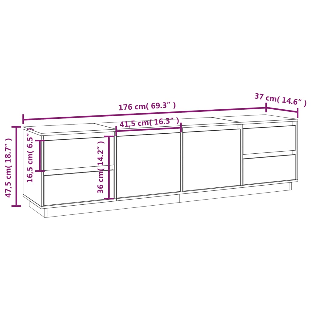 vidaXL Szafka pod telewizor, biała, 176x37x47,5cm, lite drewno sosnowe