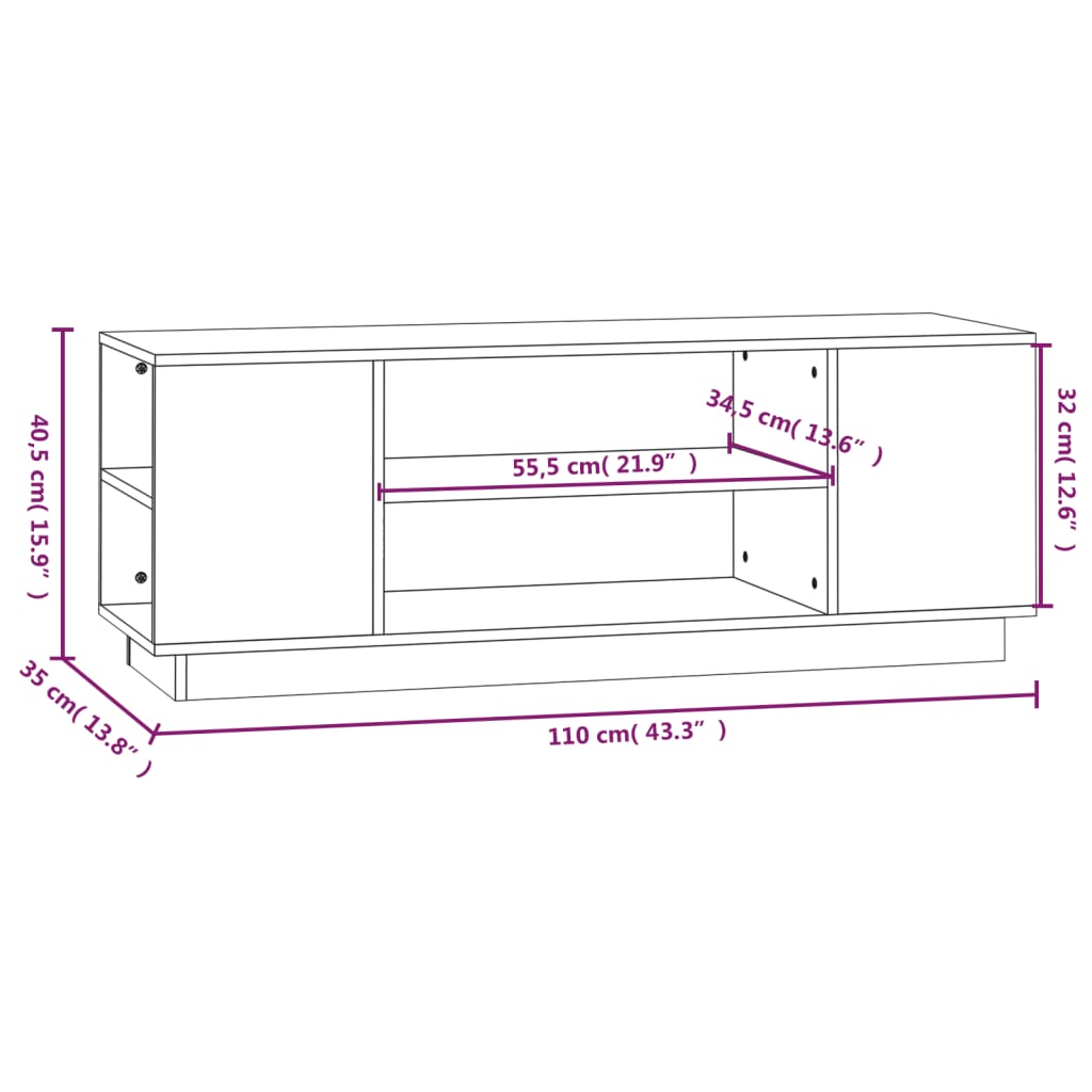 vidaXL Szafka pod telewizor, biała, 110x35x40,5cm, lite drewno sosnowe
