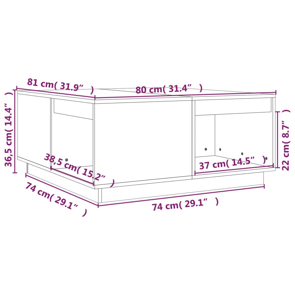 vidaXL Stolik kawowy, czarny, 80x81x36,5 cm, lite drewno sosnowe