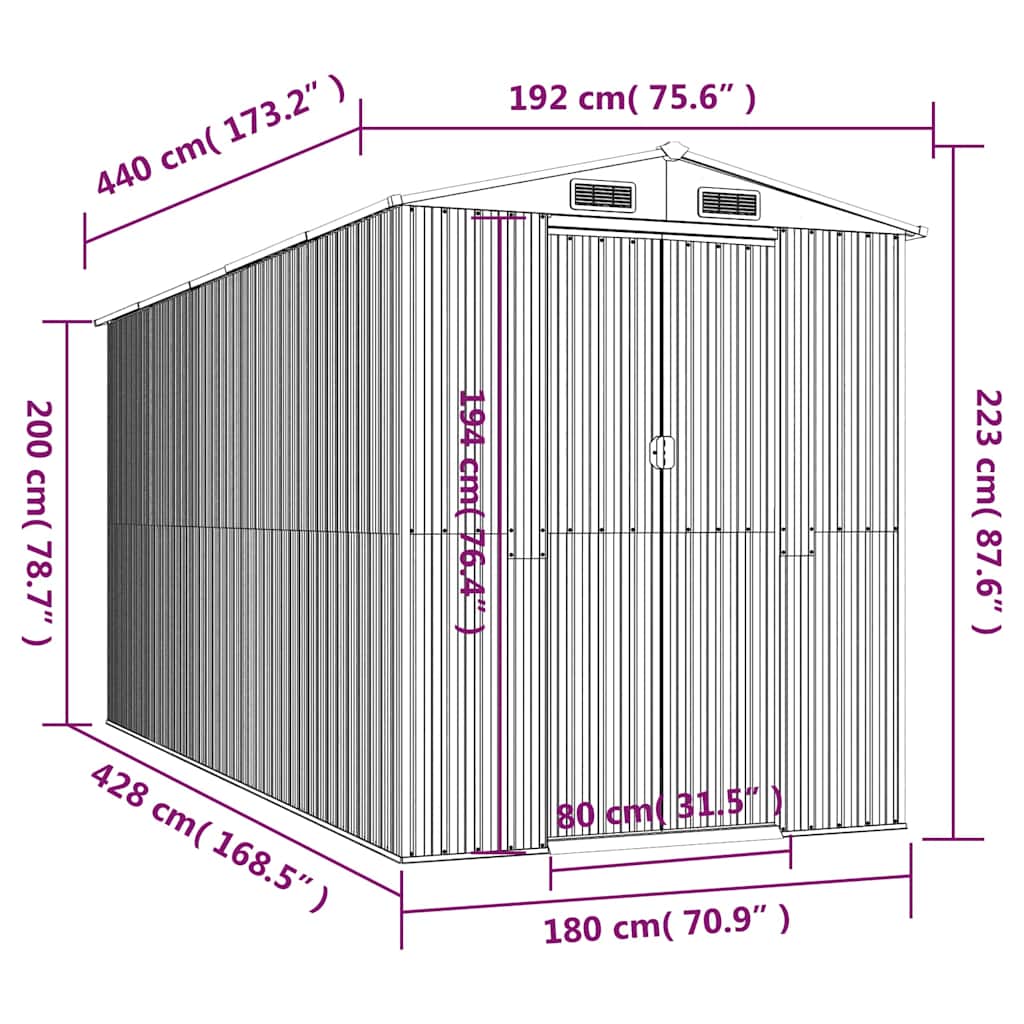 vidaXL Szopa ogrodowa, jasnoszara, 192x440x223cm, stal galwanizowana