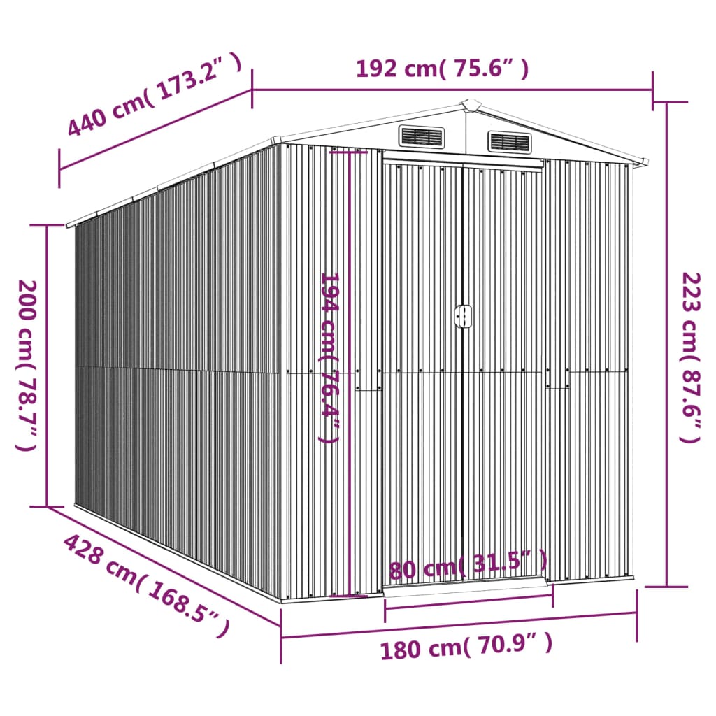 vidaXL Szopa ogrodowa, antracytowa, 192x440x223 cm, stal galwanizowana