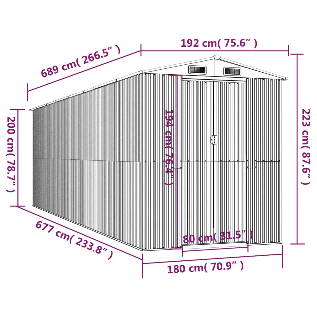 vidaXL Szopa ogrodowa, jasnobrązowa 192x689x223 cm, stal galwanizowana
