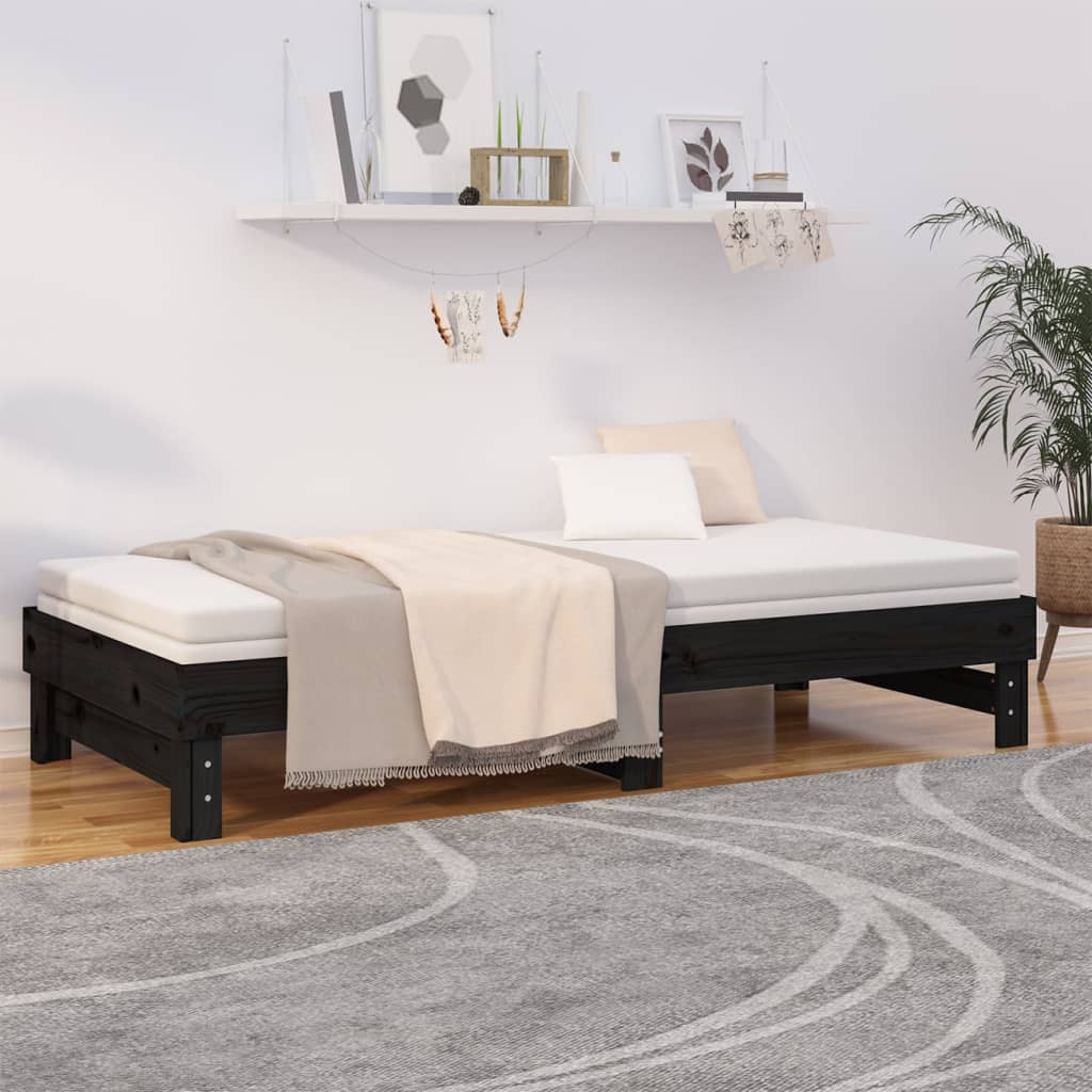 vidaXL Łóżko rozsuwane, czarne, 2x(100x200) cm, lite drewno sosnowe