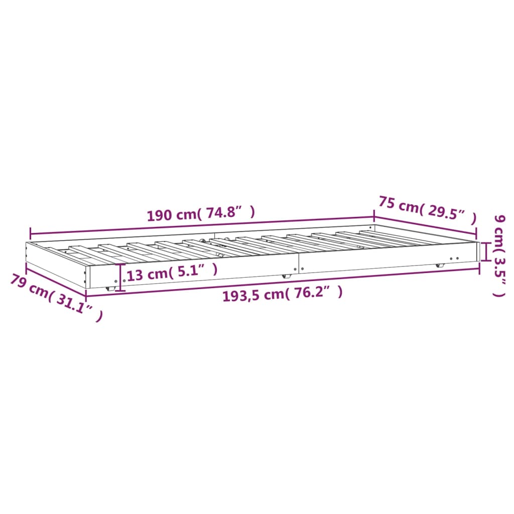 vidaXL Rama łóżka bez materaca, biała, 75x190 cm, lite drewno sosnowe