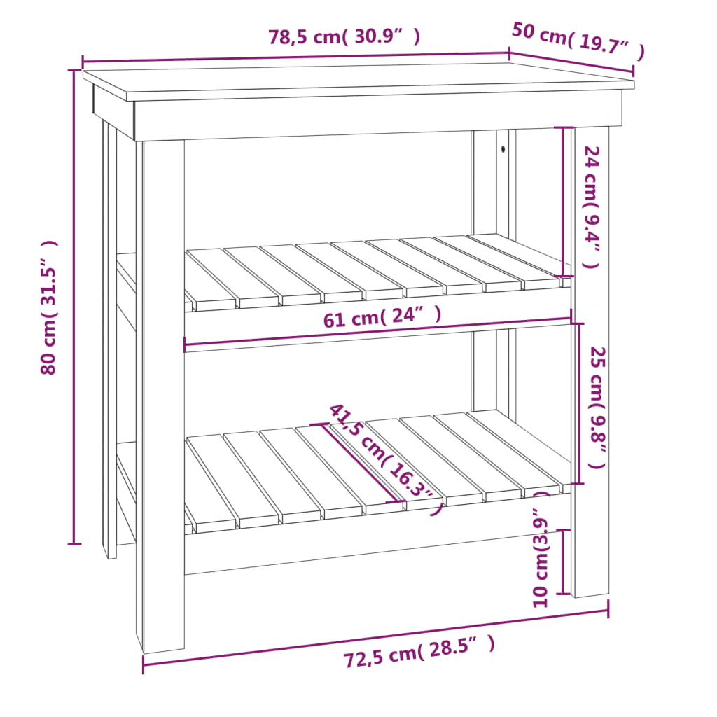 vidaXL Stolik roboczy, 78,5x50x80 cm, lite drewno sosnowe