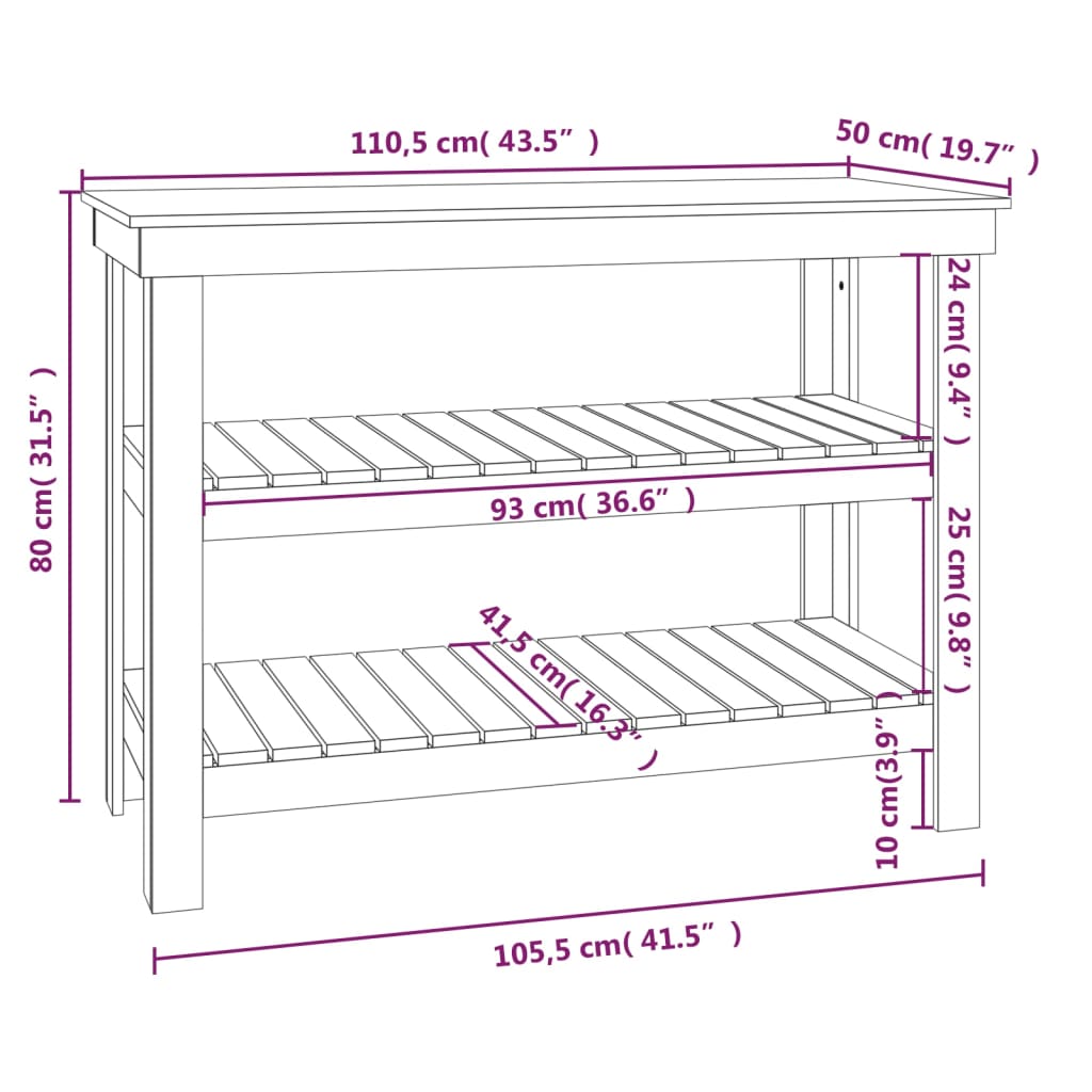 vidaXL Stolik roboczy, biały, 110,5x50x80 cm, lite drewno sosnowe