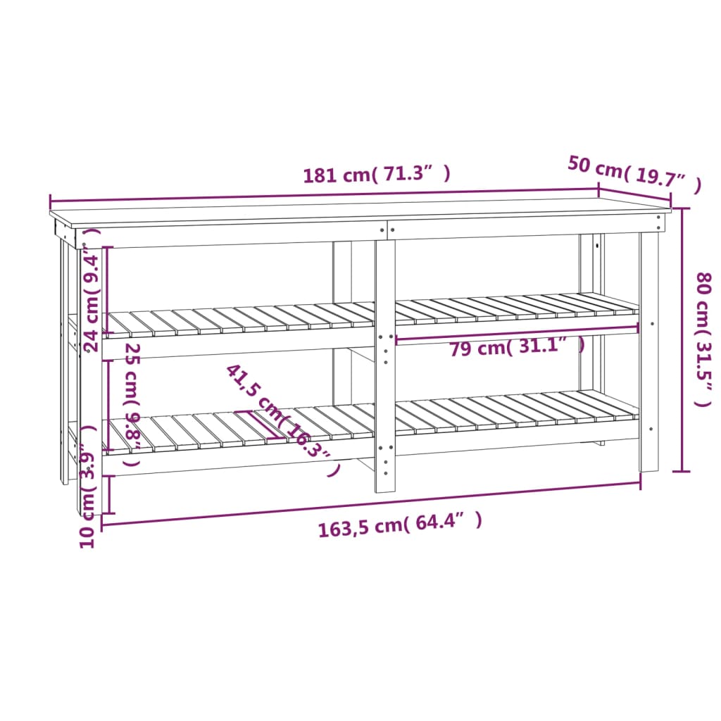 vidaXL Stolik roboczy, 181x50x80 cm, lite drewno sosnowe