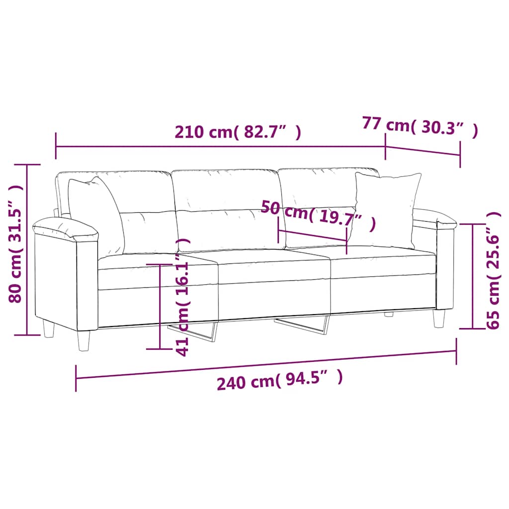vidaXL 3-osobowa sofa z poduszkami, ciemnoszara, 210 cm, mikrofibra