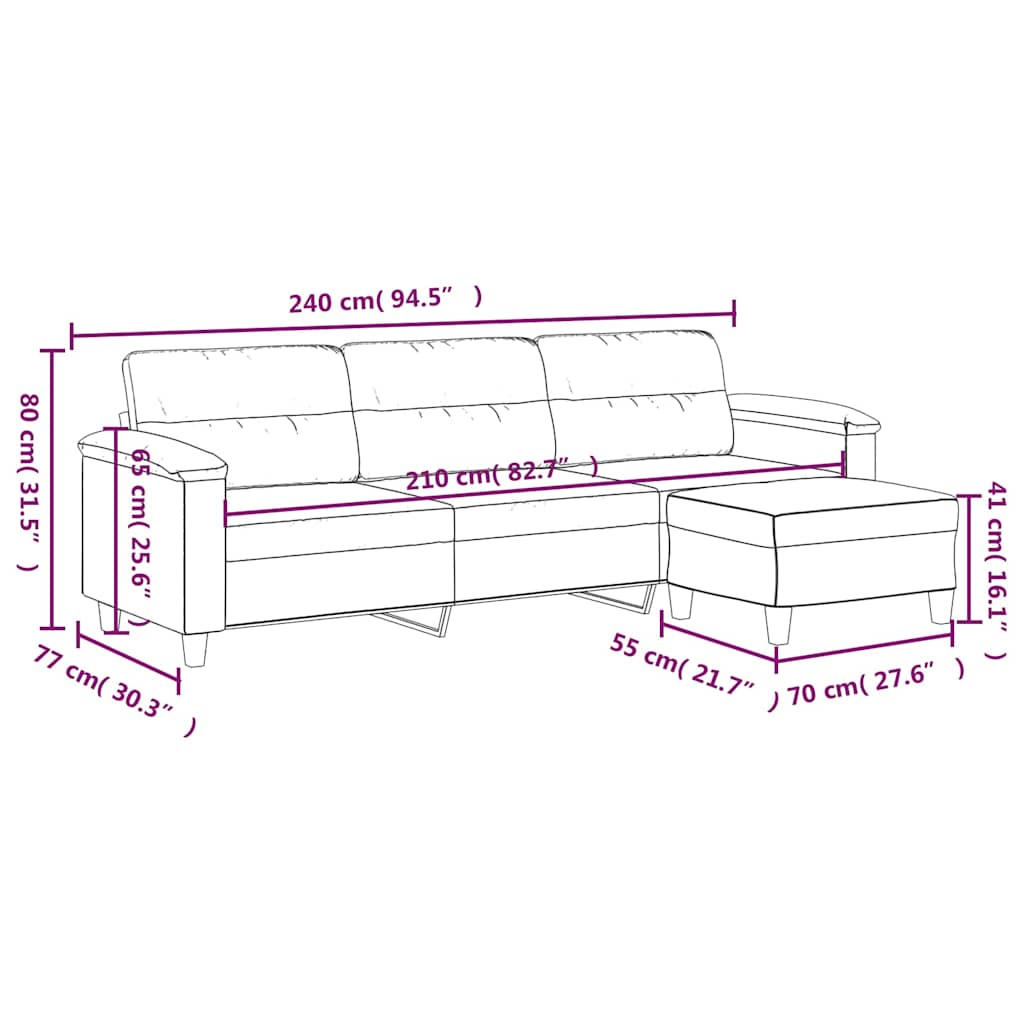 vidaXL 3-os. sofa z podnóżkiem, ciemnoszara, 210 cm, obita mikrofibrą