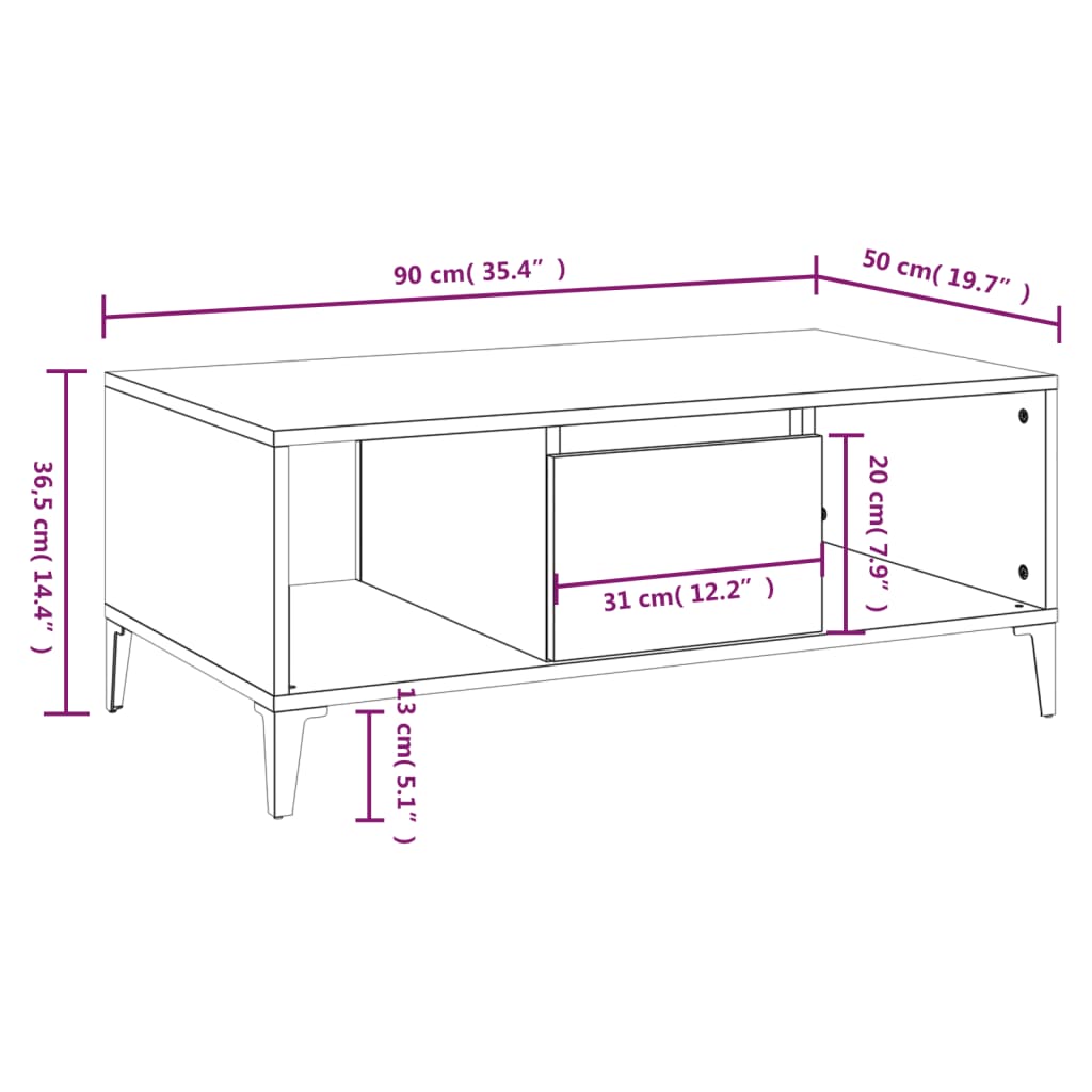 vidaXL Stolik kawowy, biały 90x50x36,5 cm, materiał drewnopochodny