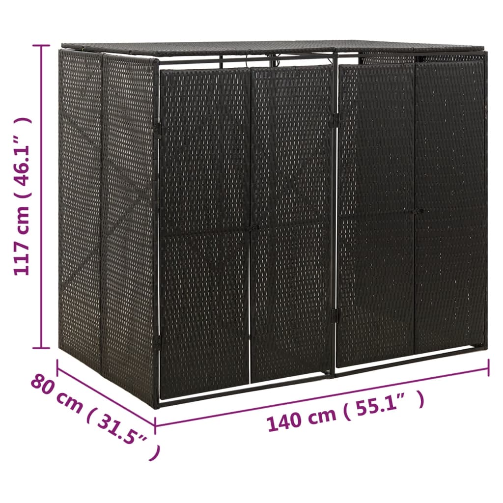 vidaXL Osłona na 2 kosze na śmieci, czarna, 140x80x117 cm, polirattan
