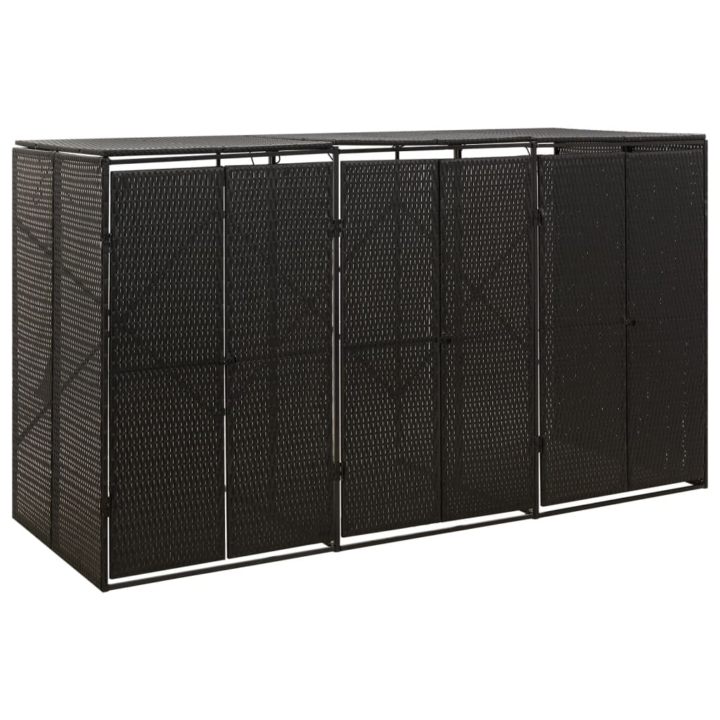 vidaXL Osłona na 3 kosze na śmieci, czarna, 207x80x117 cm, polirattan