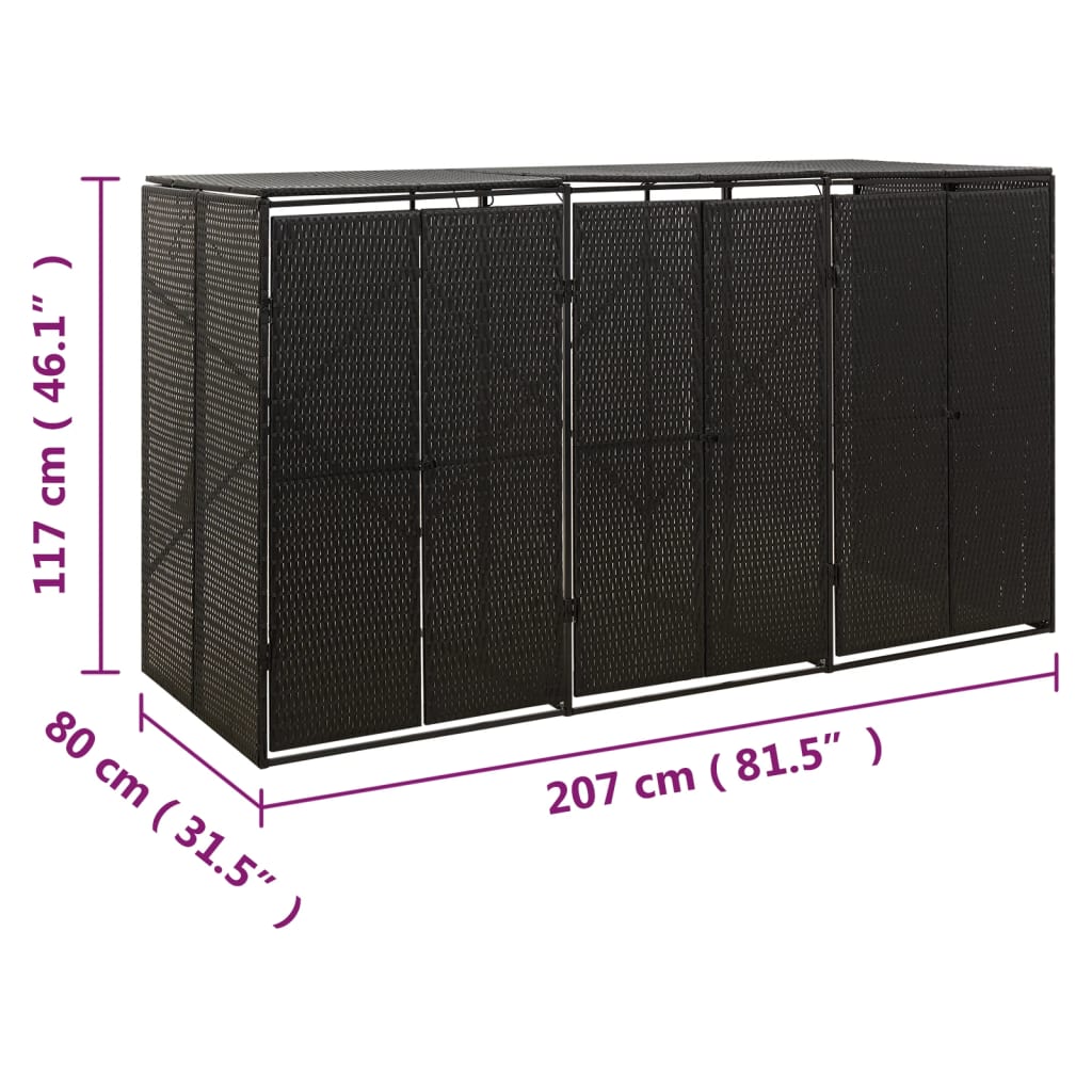 vidaXL Osłona na 3 kosze na śmieci, czarna, 207x80x117 cm, polirattan