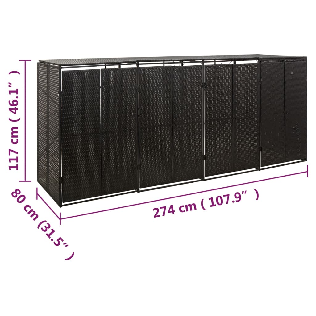vidaXL Osłona na 4 kosze na śmieci, czarna, 274x80x117 cm, polirattan