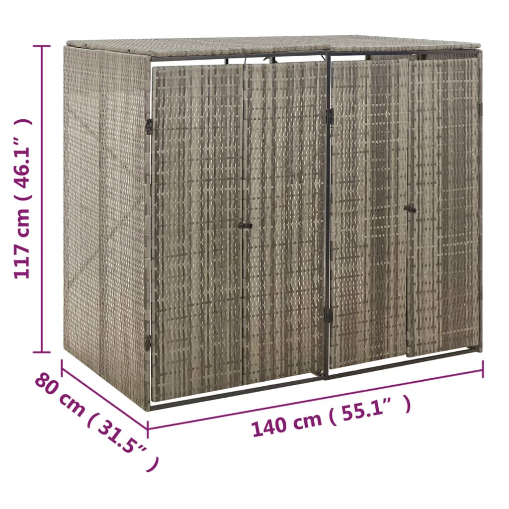 vidaXL Osłona na 2 kosze na śmieci, szara, 140x80x117 cm, polirattan