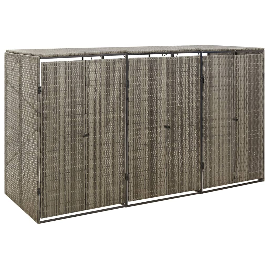 vidaXL Osłona na 3 kosze na śmieci, szara, 207x80x117 cm, polirattan