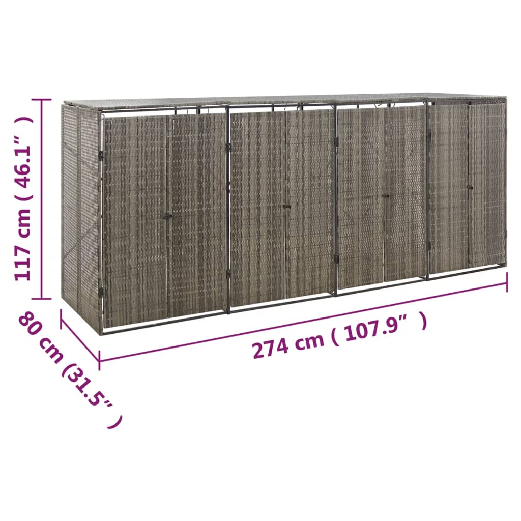 vidaXL Osłona na 4 kosze na śmieci, szara, 274x80x117 cm, polirattan