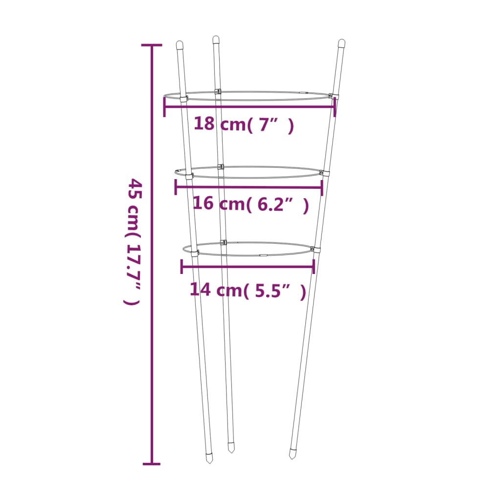 vidaXL Podpórki dla roślin, z 3 obręczami, 5 szt, zielone, 45 cm, stal