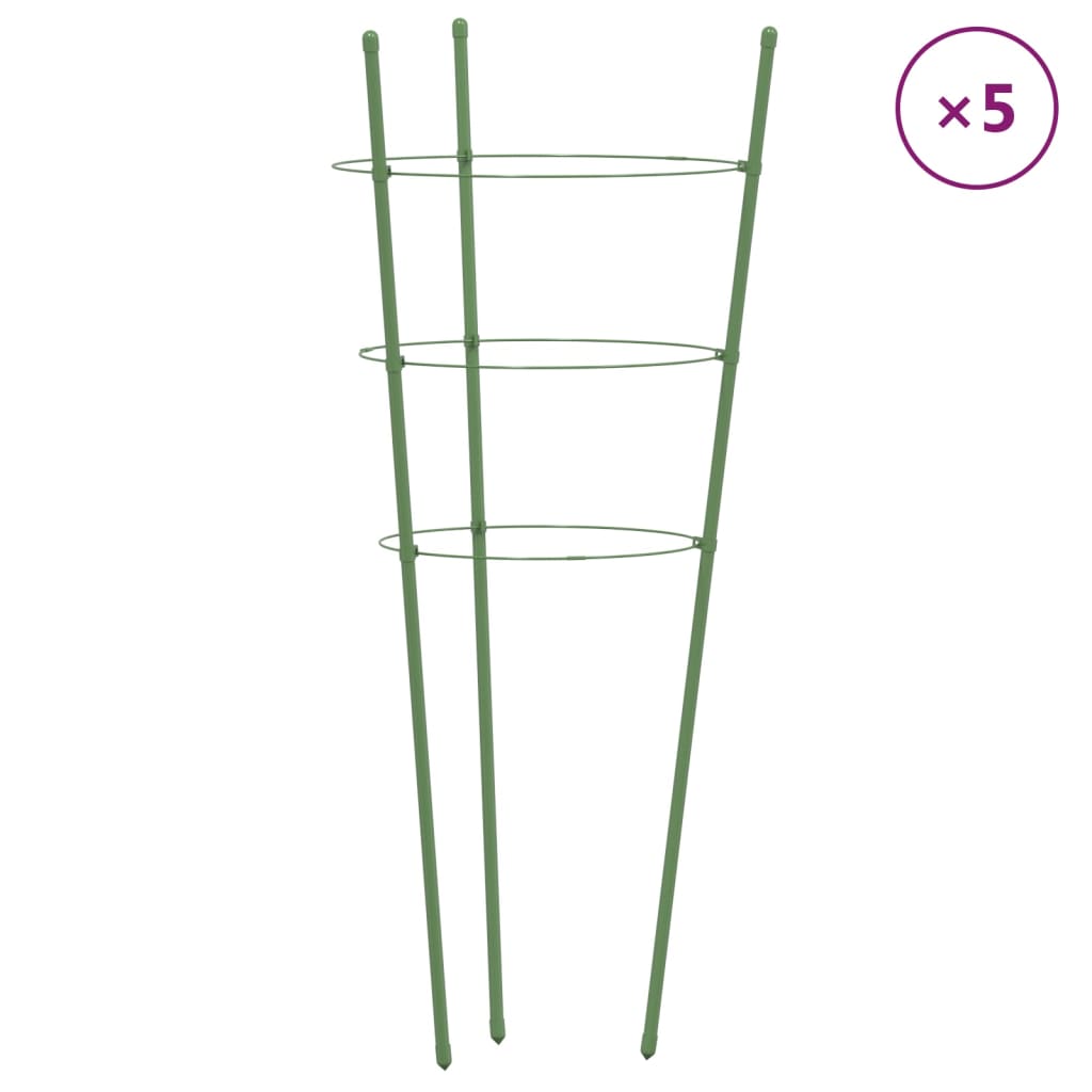 vidaXL Podpórki dla roślin, z 3 obręczami, 5 szt, zielone, 75 cm, stal