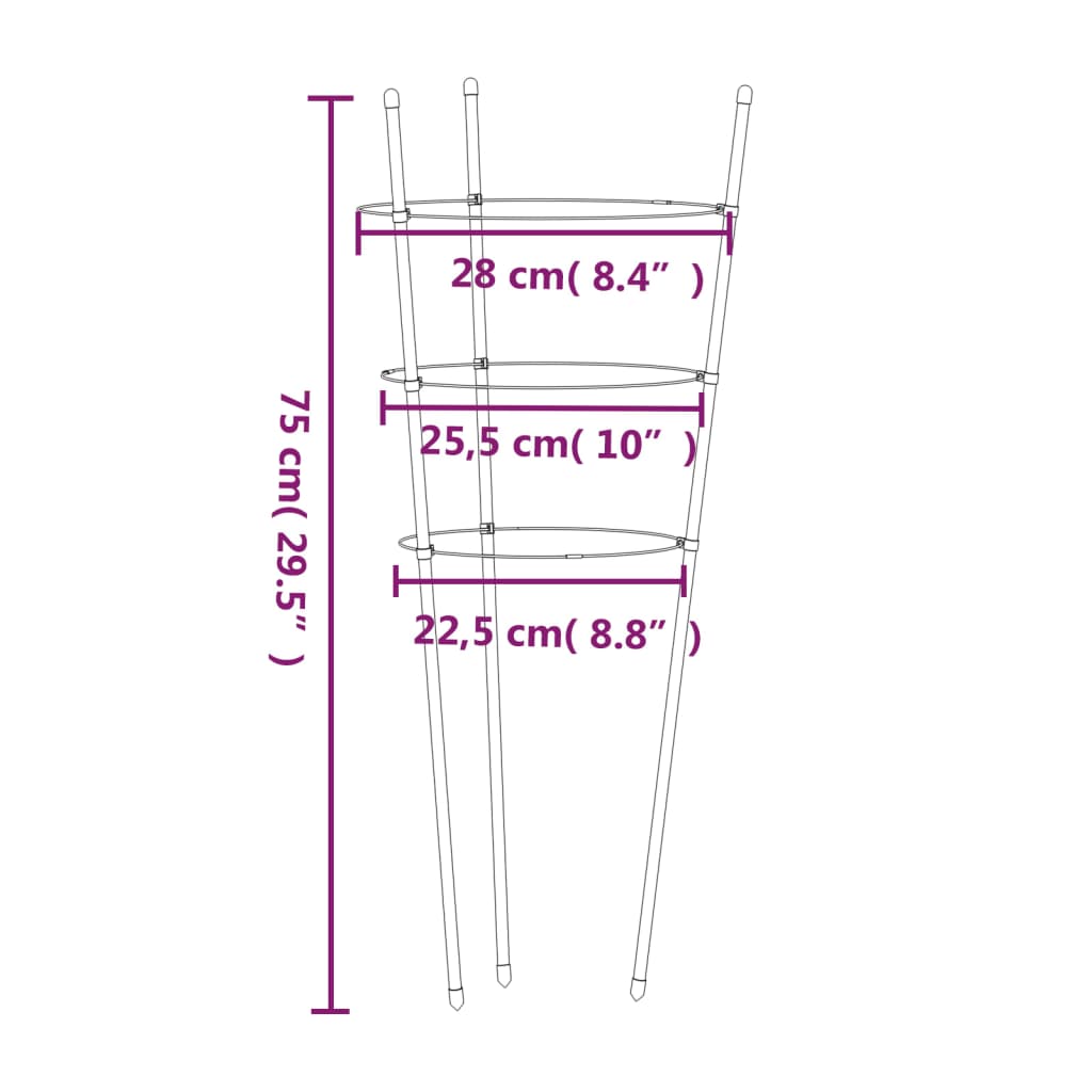 vidaXL Podpórki dla roślin, z 3 obręczami, 5 szt, zielone, 75 cm, stal