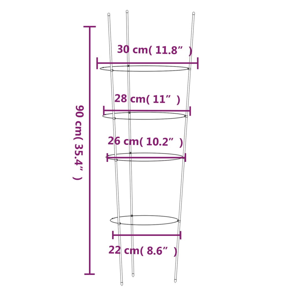vidaXL Podpórki dla roślin, z 4 obręczami, 5 szt, zielone, 90 cm, stal