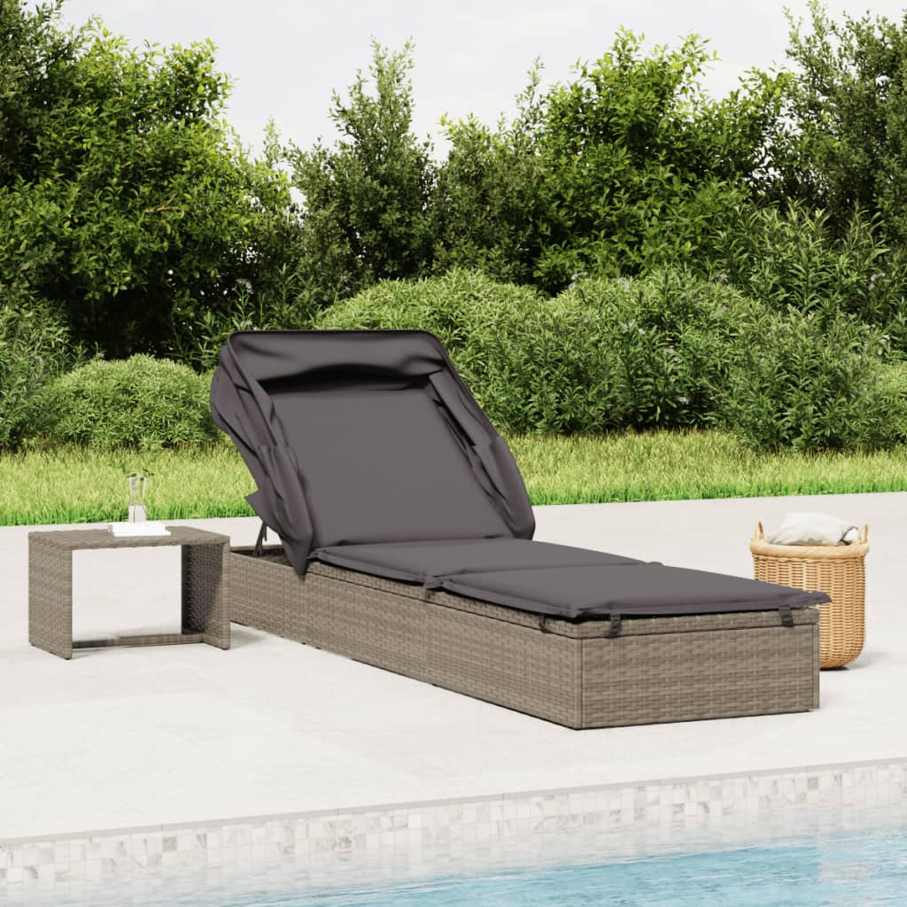 vidaXL Leżak ze składanym dachem, szary, 213x63x97 cm, polirattan