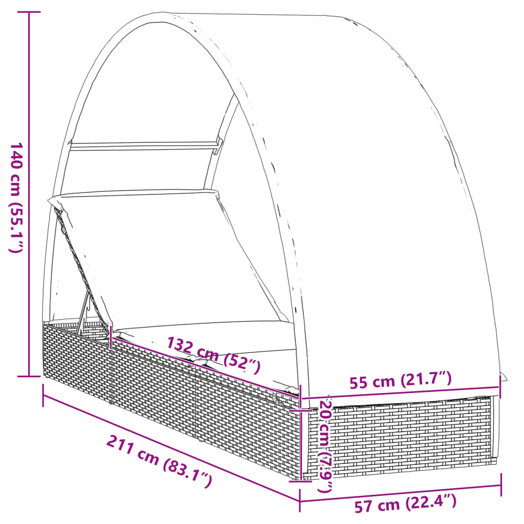 vidaXL Leżak z półokrągłym daszkiem, szary, 211x57x140 cm, rattan PE