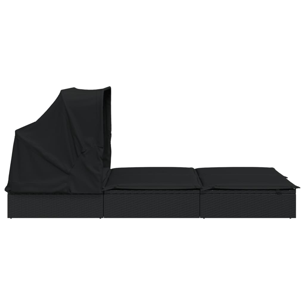 vidaXL Leżak 2-os., składany dach, czarny, 213x118x97 cm, polirattan