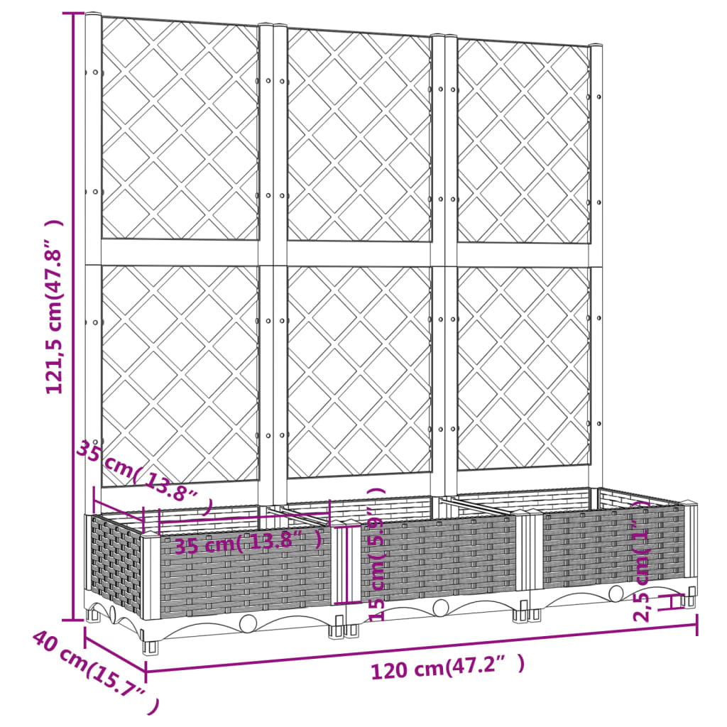 vidaXL Donica ogrodowa z kratką, jasnoszara, 120x40x121,5 cm, PP