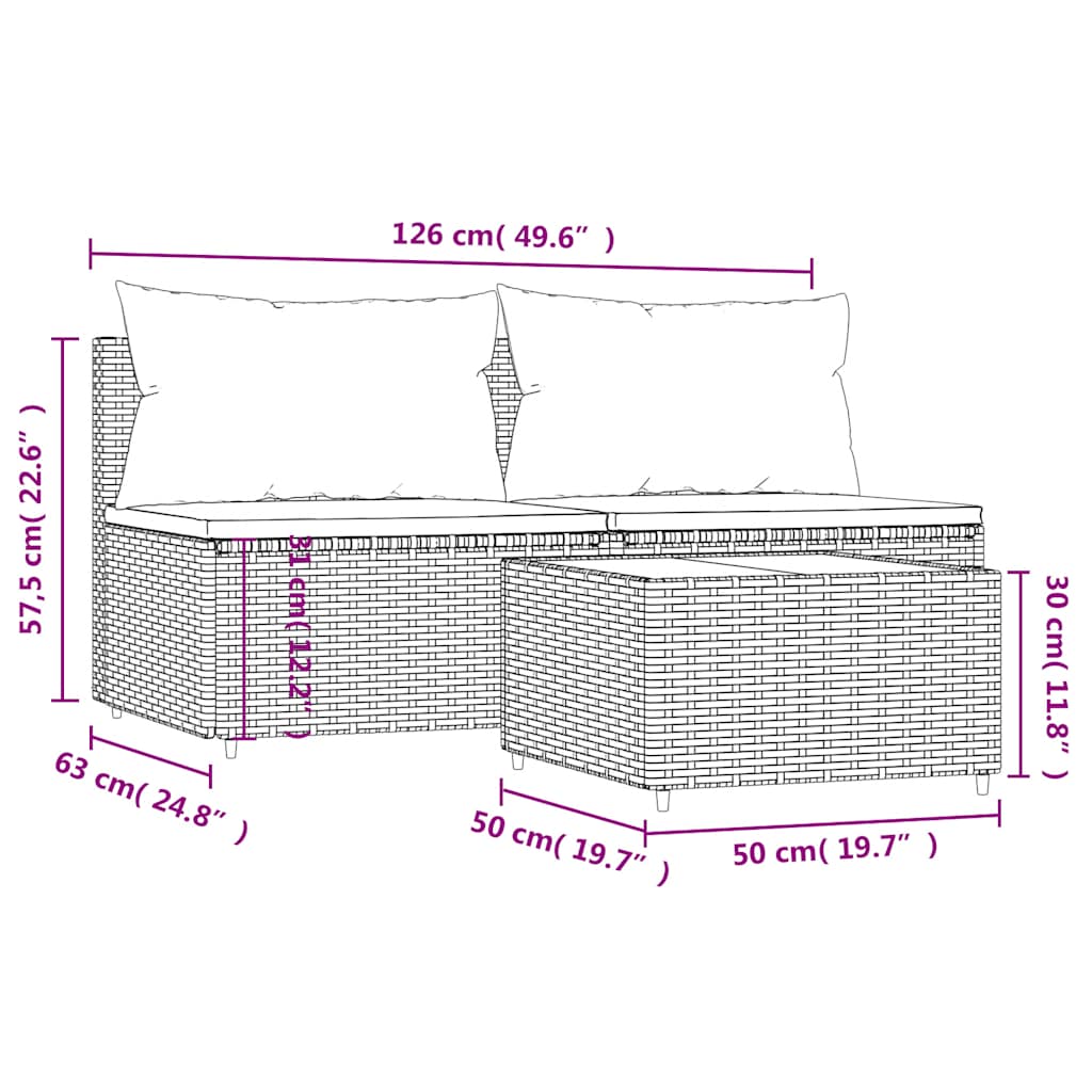 vidaXL 3-cz. zestaw wypoczynkowy do ogrodu, poduszki, czarny rattan PE
