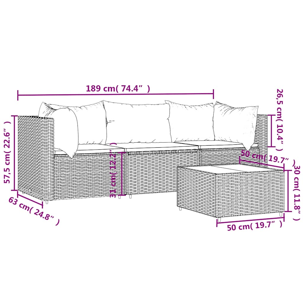 vidaXL 4-cz. zestaw wypoczynkowy do ogrodu, poduszki, szary rattan PE