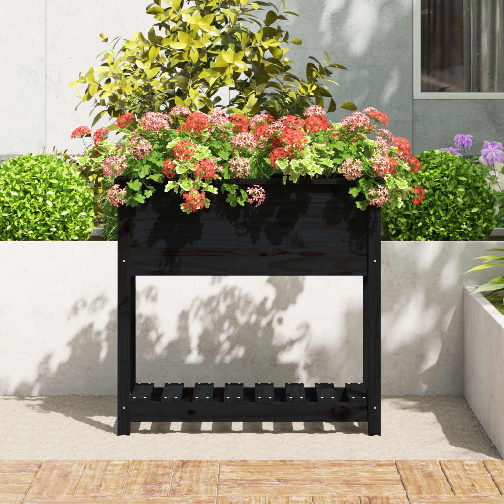 vidaXL Donica z półką, czarna, 82,5x34,5x81 cm, lite drewno sosnowe