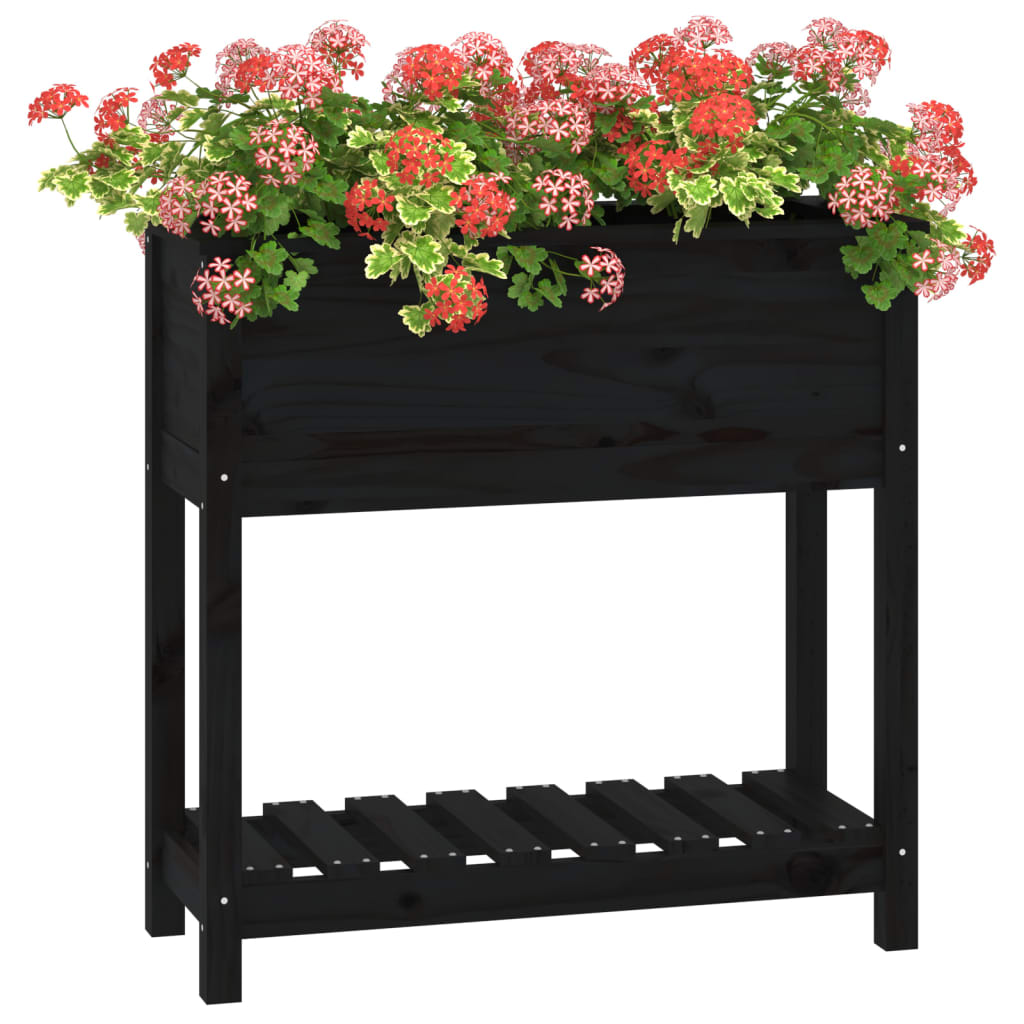 vidaXL Donica z półką, czarna, 82,5x34,5x81 cm, lite drewno sosnowe