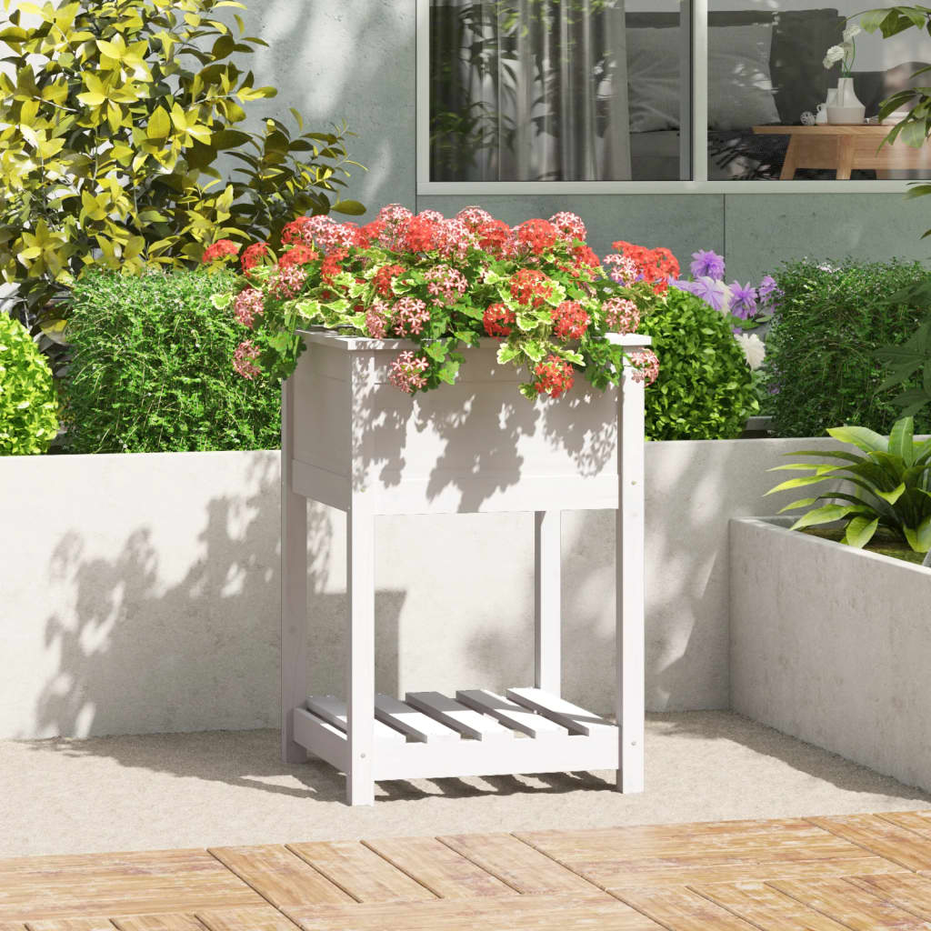 vidaXL Donica z półką, biała, 54x54x81 cm, lite drewno sosnowe