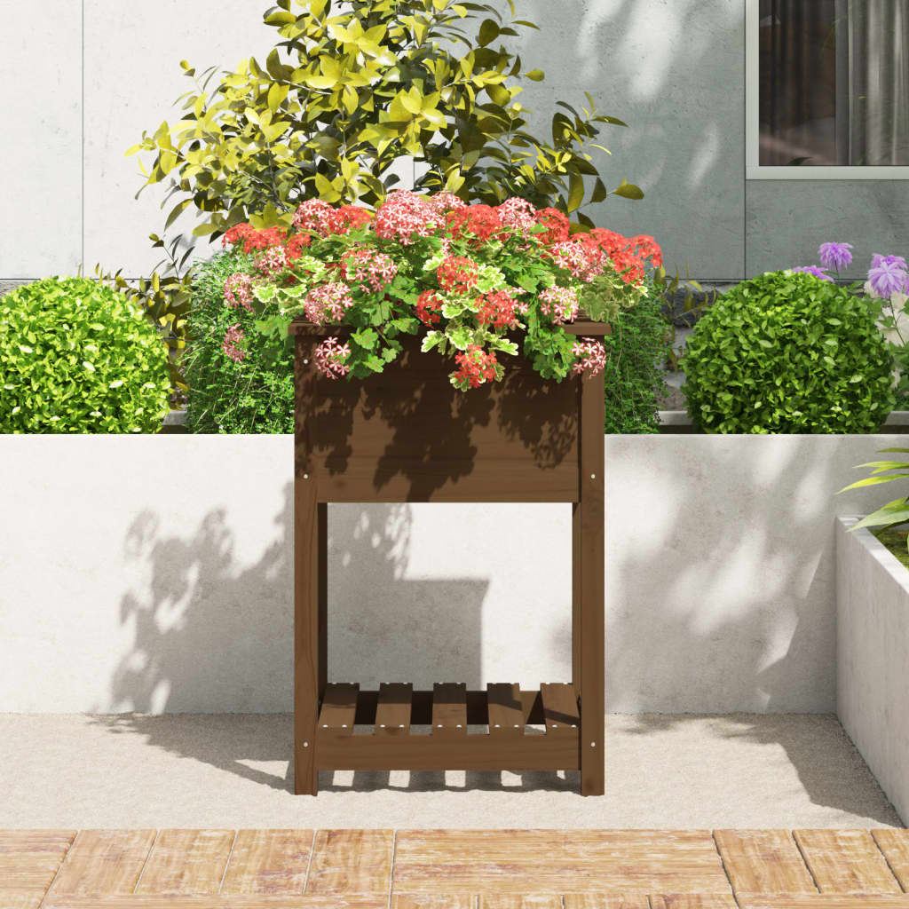 vidaXL Donica z półką, miodowy brąz, 54x54x81 cm, lite drewno sosnowe