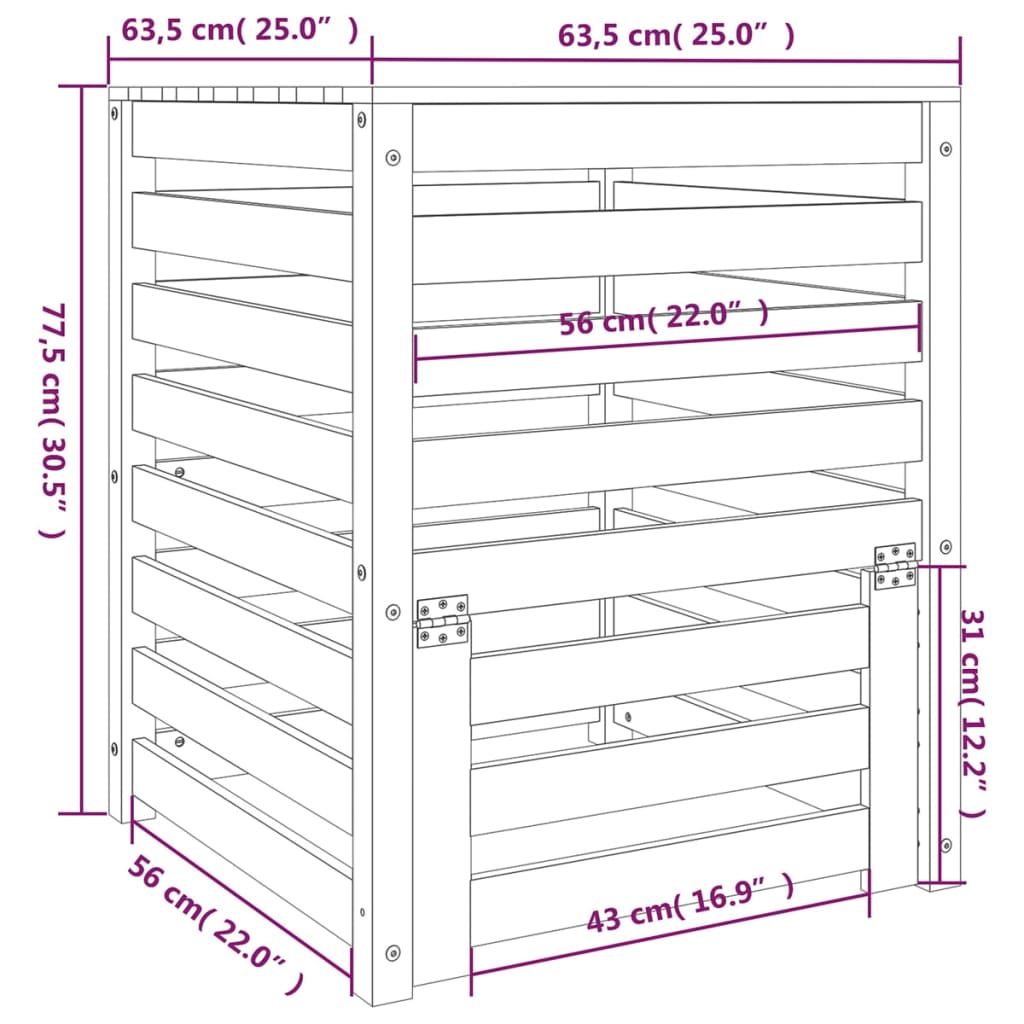 vidaXL Kompostownik, 63,5x63,5x77,5 cm, lite drewno sosnowe