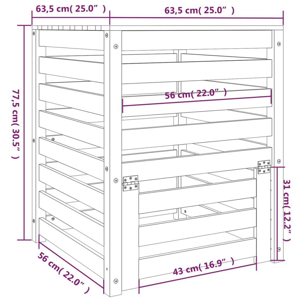 vidaXL Kompostownik, biały, 63,5x63,5x77,5 cm, lite drewno sosnowe