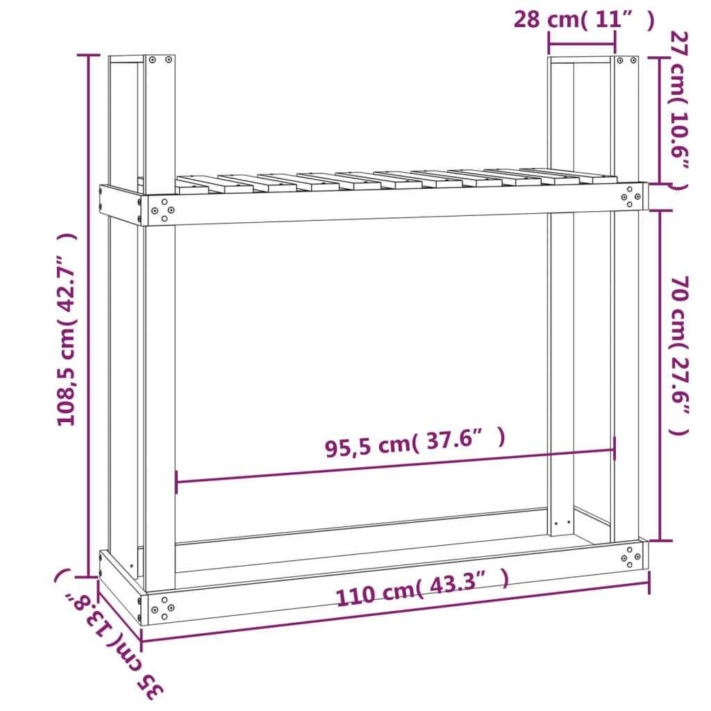 vidaXL Stojak na drewno, 110x35x108,5 cm, lite drewno sosnowe